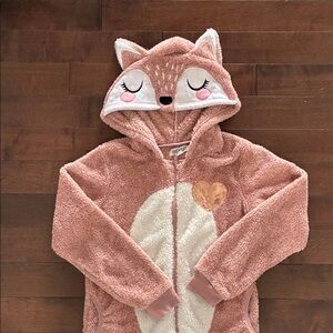 Plush Fox Hooded Kids Footie - Dusty Pink